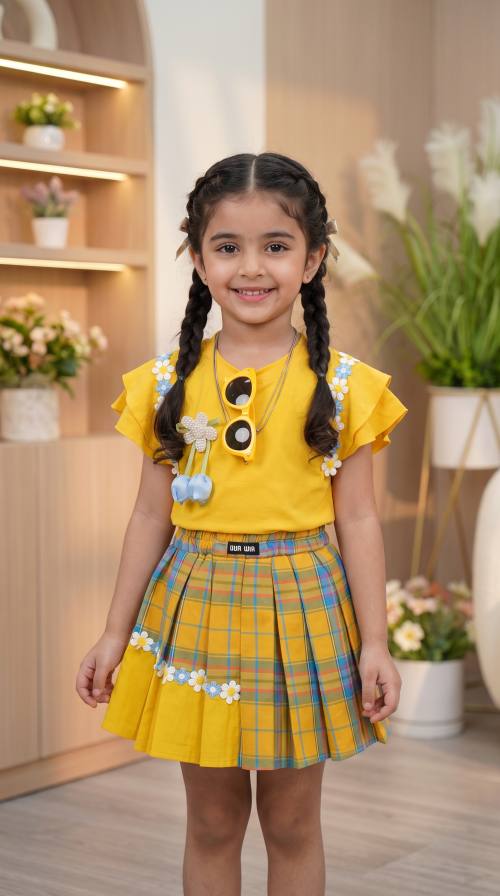 UMH-035 - Yellow girls' summer set with a checkered skirt