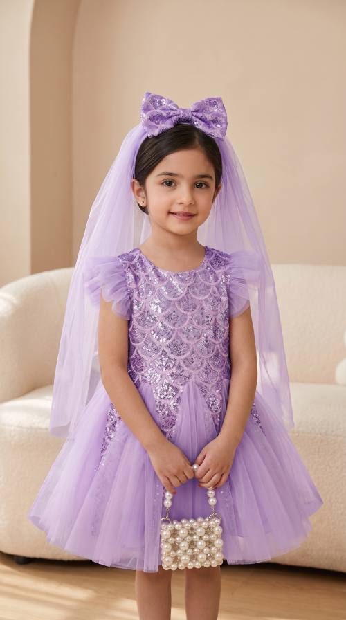 UMH-002 - Girls' party dress in purple with matching veil