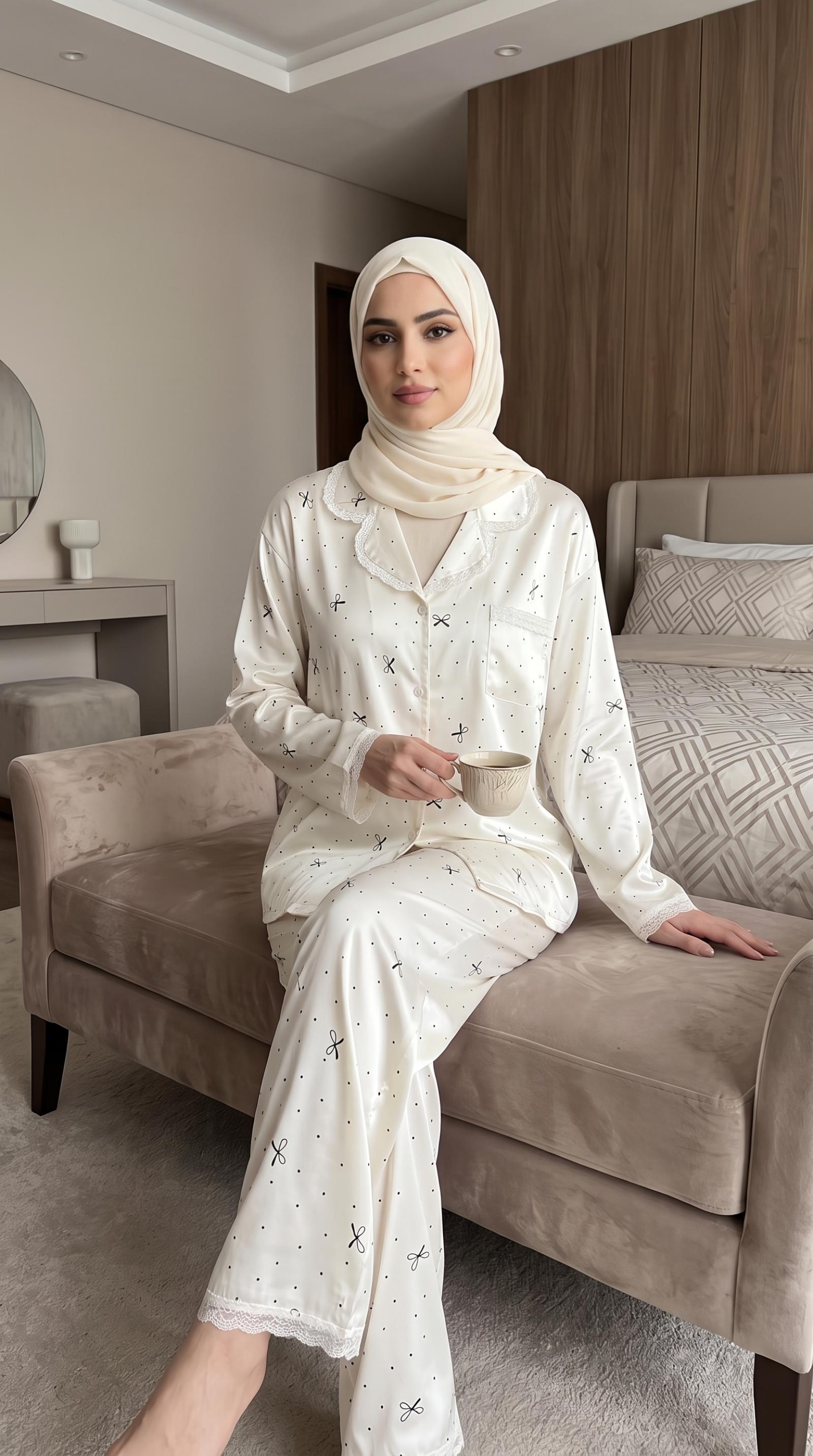 UMH-055 - بيجامة نسائية ساتان ناعم تشكيلات أنيقة